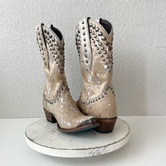 Lane Womens Midi Cowboy Boots 7 Cowhide Hair on Hide Cowgirl Western Pointed Toe - Picture 1 of 13